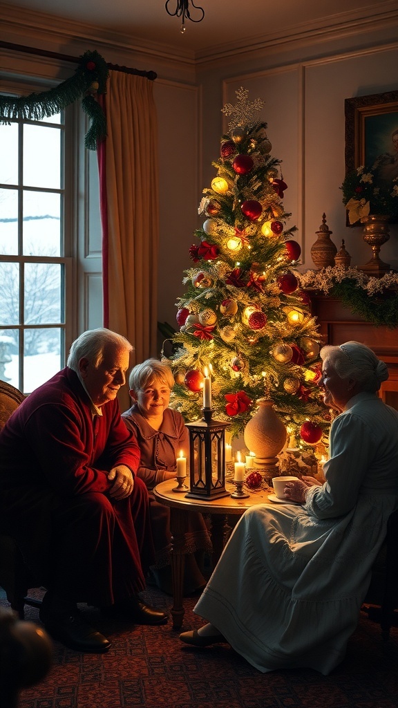 A family celebrating Christmas in a 19th century setting, with a decorated tree and a snowy landscape outside.